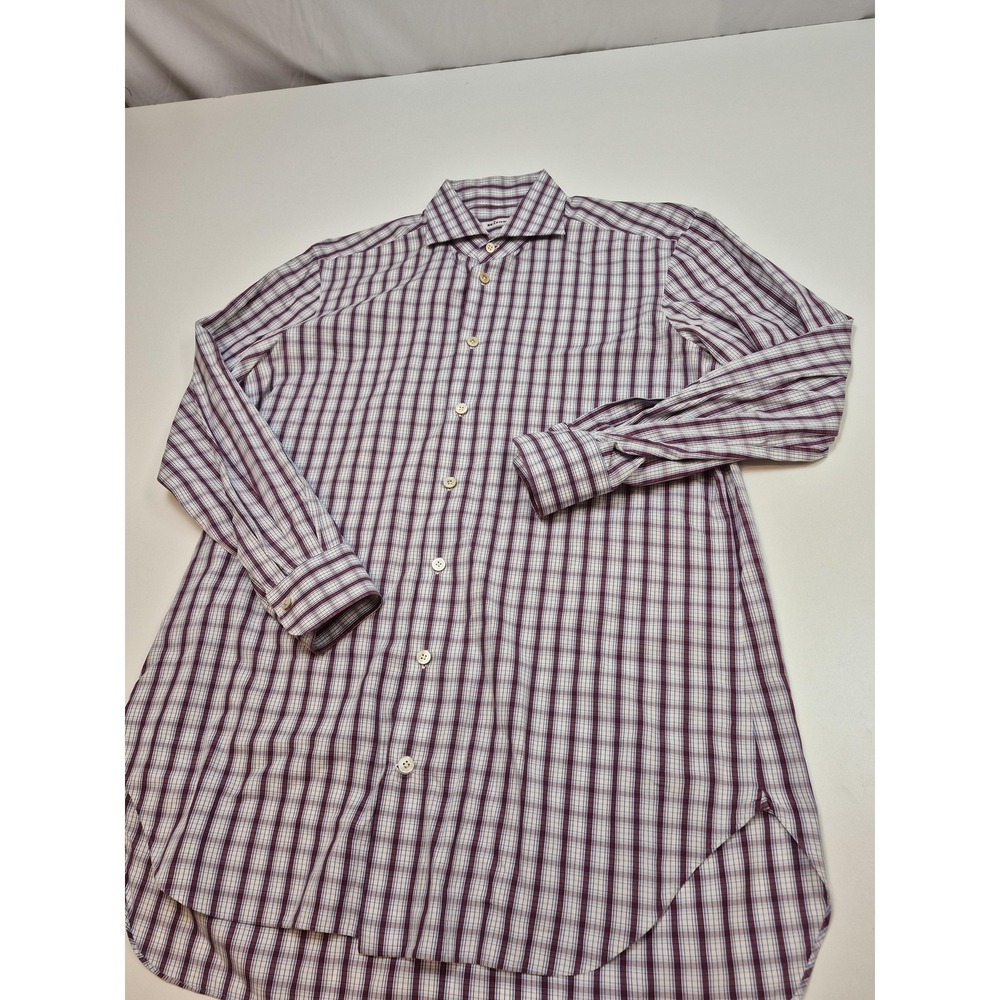 Kiton Dress Shirt Mens L 34/35 Multicolor Plaid 100% Cotton Woven Long Sleeve